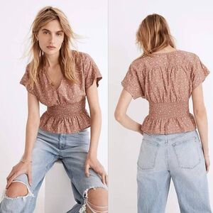 Madewell‎ Blouse Top Women's Size XS beige Floral V-Neck Smocked Waist Cotton